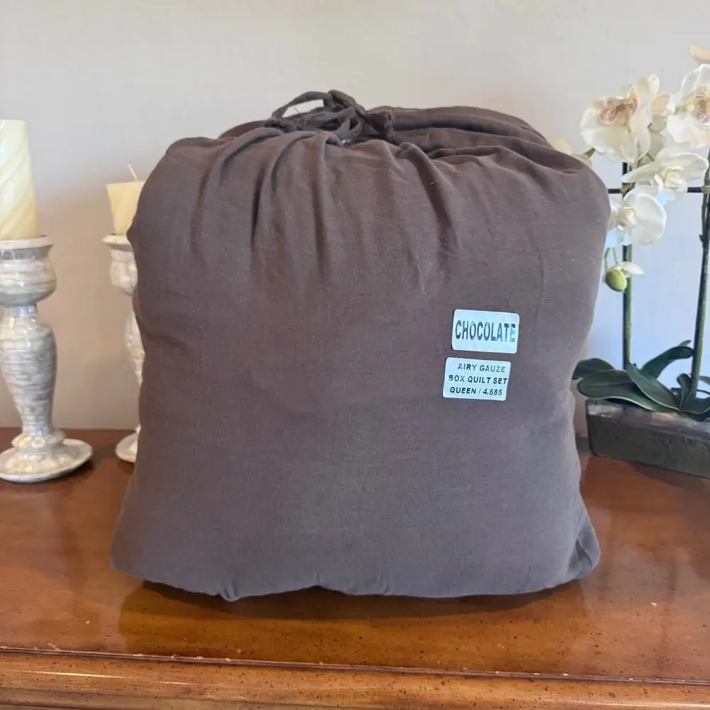 Quince Organic Cotton Gauze Box Quilt Chocolate Full/Queen NWOT
